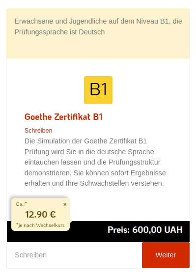 Goethe Zertifikat B1 - Schreiben - 600 UAH (12,90 EUR)